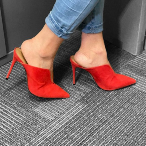 SCHUTZ CORAL RED SUEDE STILETTO MULES (SZ. 8.5) (EUC) - Picture 7 of 10